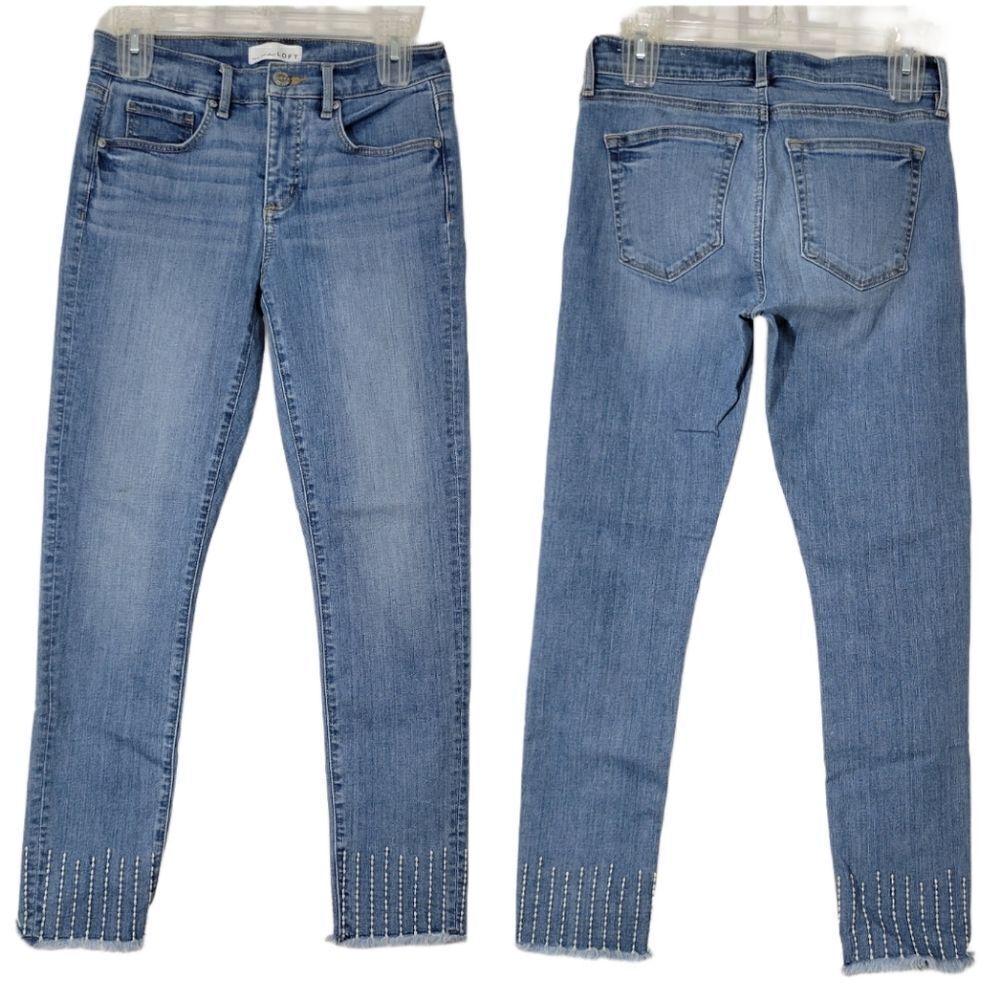 Loft Jeans Modern Skinny Crop Blue Medium Wash Raw Hem Embroidered Hem